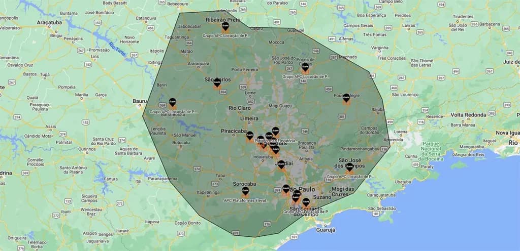 Mapa da área de atendimento da Elevatorias com bases no interior paulista, Grande São Paulo e litoral